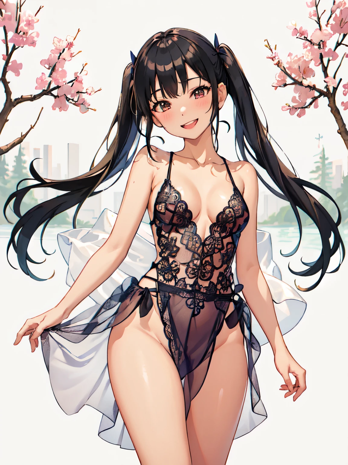 masterpiece, best quality, 
cowboy shot, 1girl, asian, medium breasts, black hair, twintails,  blush, smile, upper teeth only, head tilt,  Japanese city park, trees, flowers, small lake, double v,  lace_bodysuit_sar_ski, spaghetti strap, sleeveless, thong cut, sheer, (long sarong skirt),