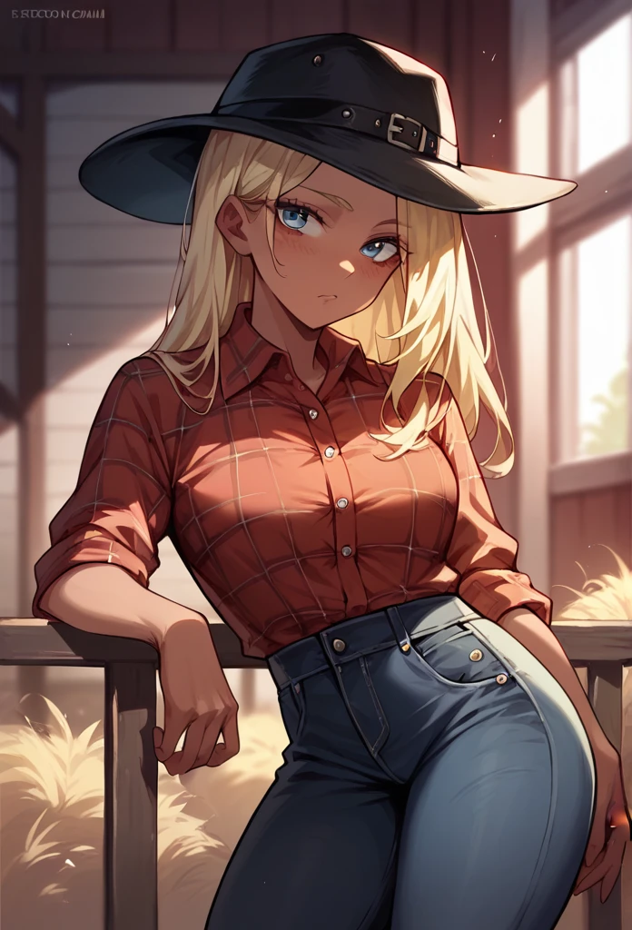 Girl with long blonde hair, hair down, red lips, blonde fox ears and tail, big breasts, wearing a cowboy hat, tied up shirt, jean shorts, cowboy boots