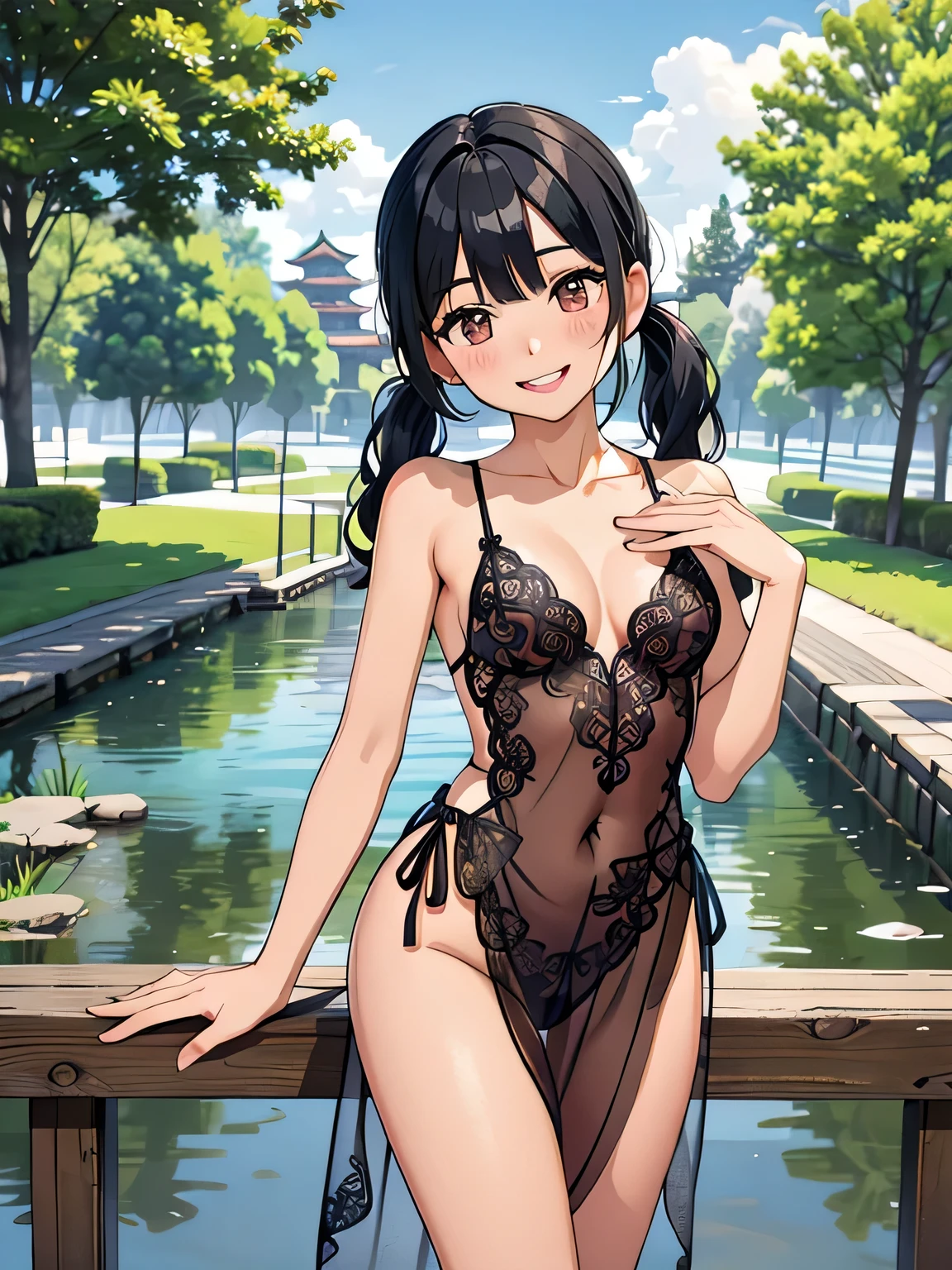 masterpiece, best quality,  intricate background, sunshine,
cowboy shot, 1girl, asian, medium breasts, black hair, twintails,  blush, smile, upper teeth only, head tilt, Japanese city park, trees, flowers, small lake, double v,  lace_bodysuit_sar_ski, spaghetti strap, sleeveless, thong cut, sheer, long sarong skirt,