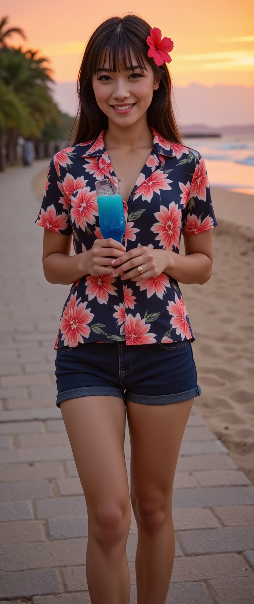 Photographic, super realism, Front view,  Japanese  girl , standing pose, full-body, on stone street, in Hawaii,  Japanese cute girl ,20-age, (black hair, long hair, fringe, natural make,  smile , 1 red hibiscus on head,  normal body),(aloha shirt on flower pattern),( Navy blue shot pant, beach sandal ),gold engage ring,  hand a blue cocktail, sunset,( textured skin , HI detailed skin, foreshortening, Canon, anatomically correct, super detail, high details, highness).