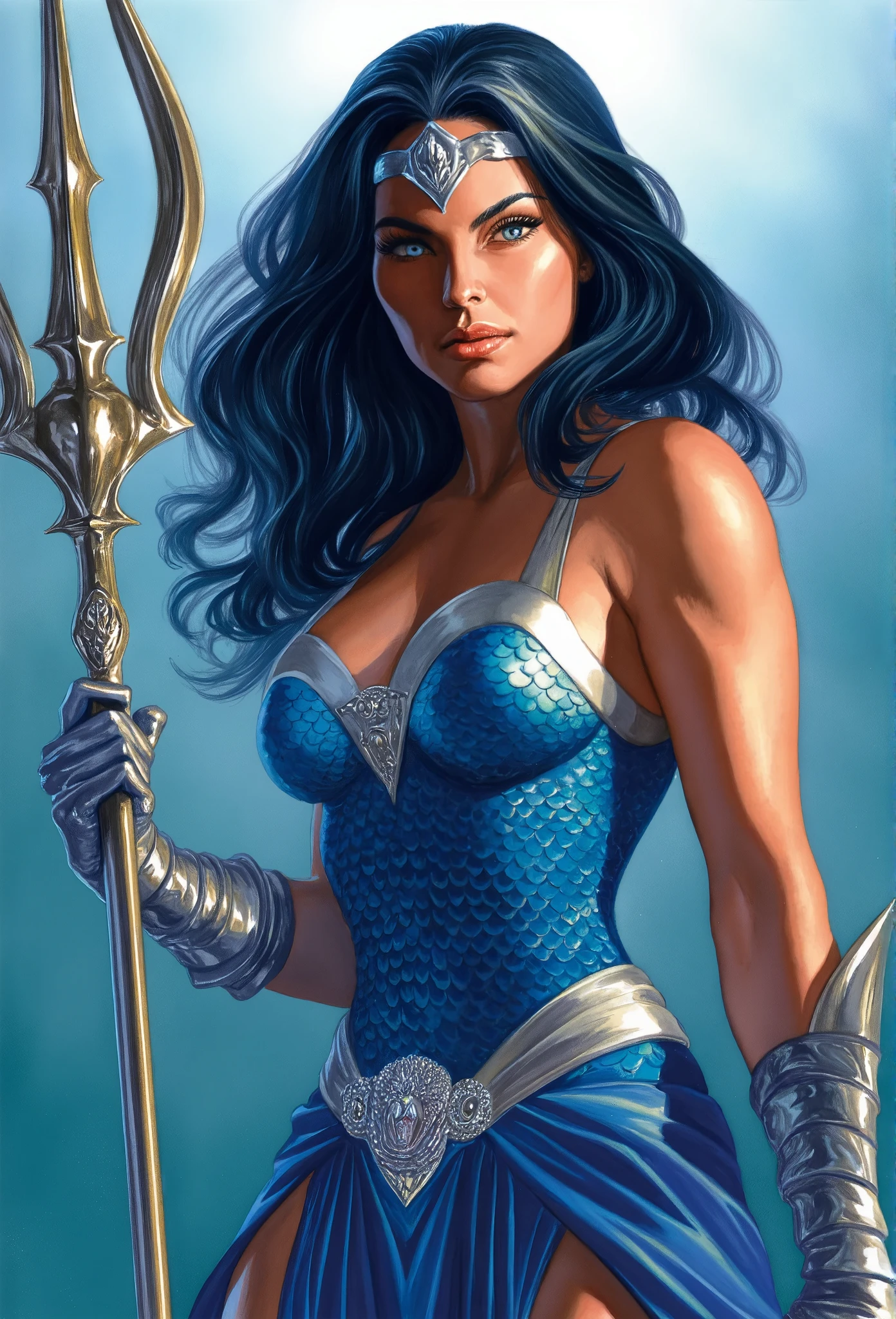 Sexy beautiful female superhero who is a demigoddess , blue/green eyes and semi-curly wavy navy blue hair. , wears a silver tiara on her forehead, She wears a blue  with a fish scale like texture sleeveless , she has bracelets that are silver, and has black boots with a glowing blue tint. a silver belt with a sea shell in the center, (Oceania) , she holds a trident 