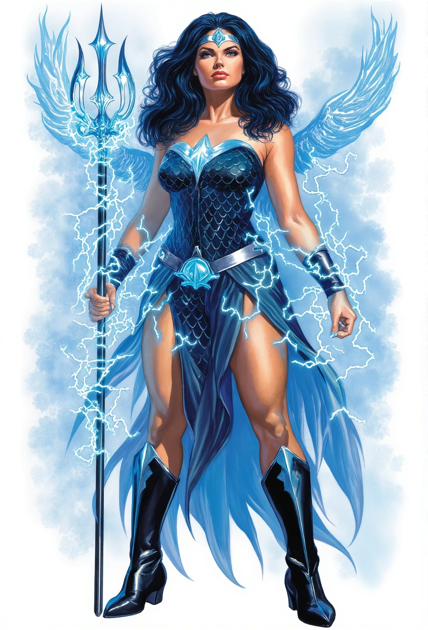  Sexy beautiful female superhero who is a demigoddess , blue/green eyes and semi-curly wavy navy blue hair. , wears a silver tiara on her forehead, She wears a blue Wonder Woman inspired outfit with a fish scale like texture sleeveless , she has bracelets that are silver, and has black boots with a glowing blue tint. a silver belt with a sea shell in the center, (Oceania) , she holds a trident