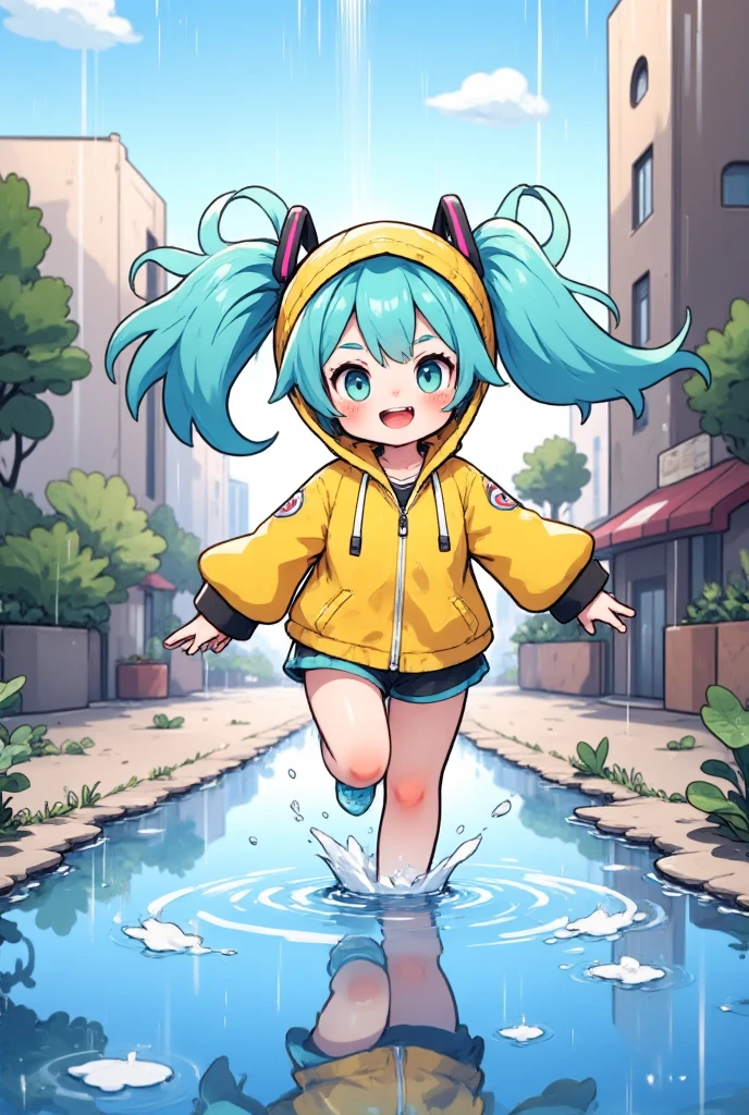 clean linework, soft shading, simple illustrations, a Hatsune Miku wearing a yellow raincoat, cat ears, solo, rain, jumping into a puddle, reflections, splashes 