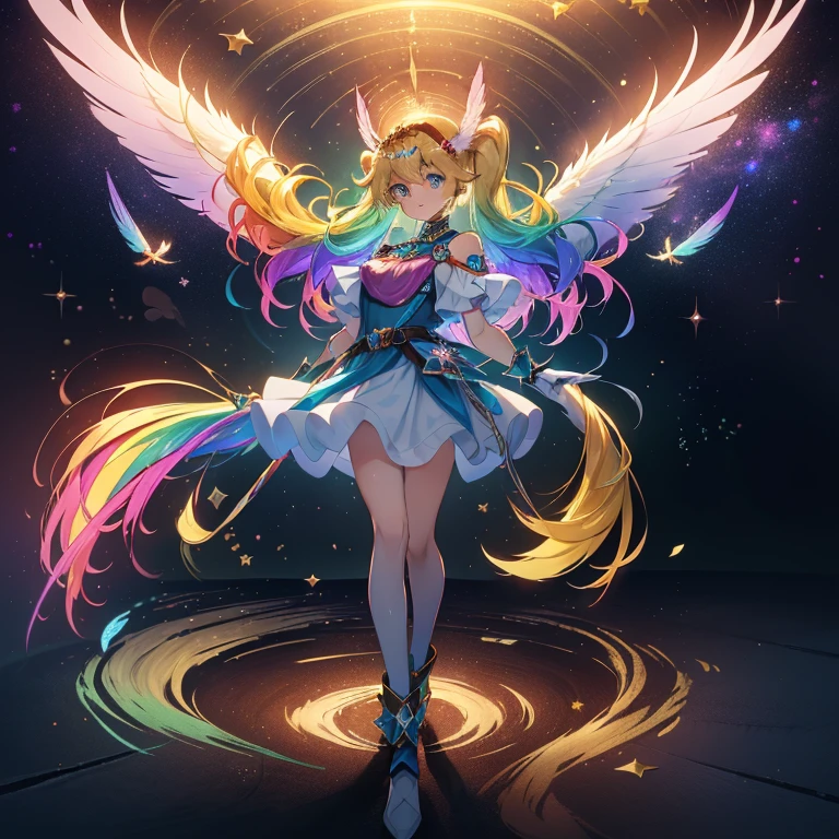 Colorful gradient hair: 1.4),Put on head gear, With V-fin ,Mechanical Wings, (whole body:1.5, Two perfect arms, Perfect two legs: 1.4), (Four perfect fingers: ), Light, Shine, Bokeh, Super Fine, Watching the audience,Focus on the eyes　star,Wide viewing angle,Low angle,彗star,milky way,((Archangel　Fantasy　Rainbow Hair　Dye the inside of your hair rainbow colors　Twin tails　Dull blue eyes))　((Has a galaxy　Uniform　Put on a coat without putting your arms through it))　(((Wings many times larger than mine　Rainbow gradient feathers　Glass Feather)))　Pillar of Light　Cyberpunk　Smiling Kindly　Front　Low Angle))　((tears　gloves))　(Broken glass　Rolling Pebble　Distorted Space-Time　star)　Catching the Wind　milky way　Shine背景　Particles of light　Iridescent Edge　Shineエッジ　star,Wide viewing angle,High Position,彗star,milky way,Watching from a distance,Blue snake hair accessory,White short boots,Swirled blue snake pattern, girl, Focus Only, (White background:1.3), whole body, Standing, Cute Dresses, Peace sign,