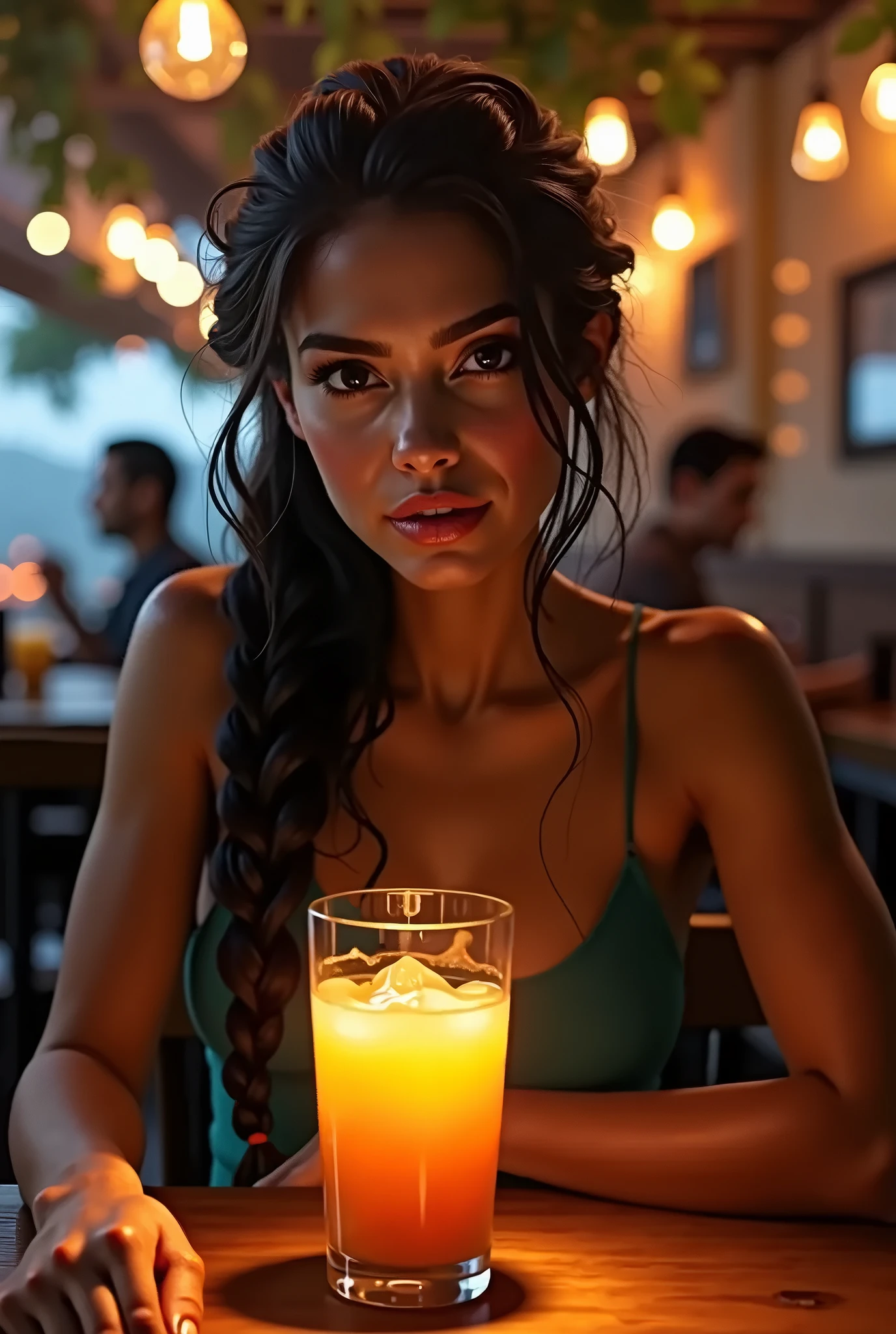 photorealistic, best quality, (hyper detailed: 1.4), (((drinking:1.2))), long distance shot, ((ideal body:1.5)), photosession, brown eyes, black hair, Detailed eyes, ((naked:1.5)). beautiful young woman, (Highly detailed face:1.4), smile, exuding a natural glow, soft lightning, evening time, sunset, beautiful view, jaw-dropping beauty, sexy, seductive, vivid colors