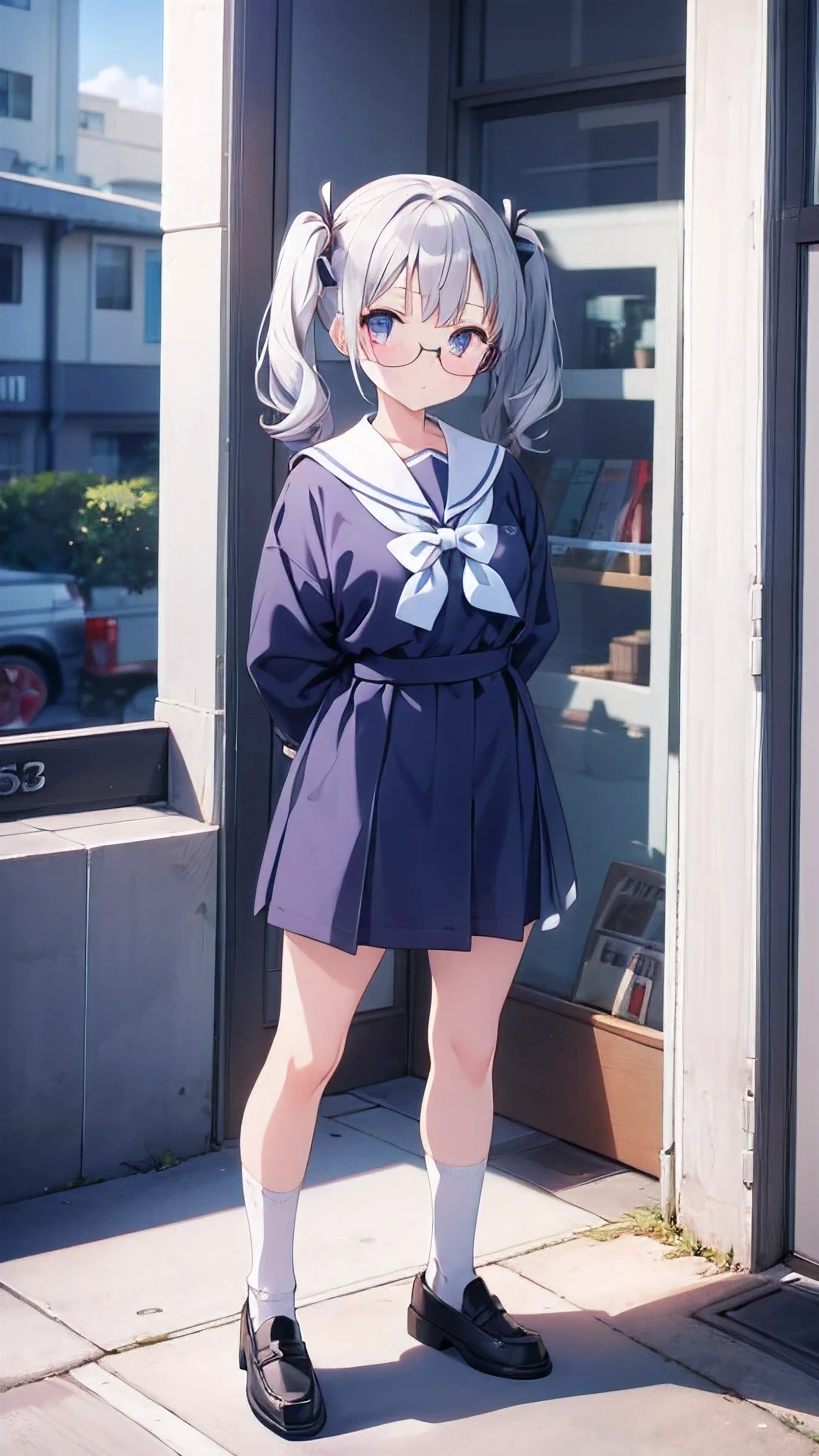 Anime girl standing with her arms folded behind her back Window Twin tails Glasses Silver Hair White crew socks Black Loafers Navy blue sailor suit
