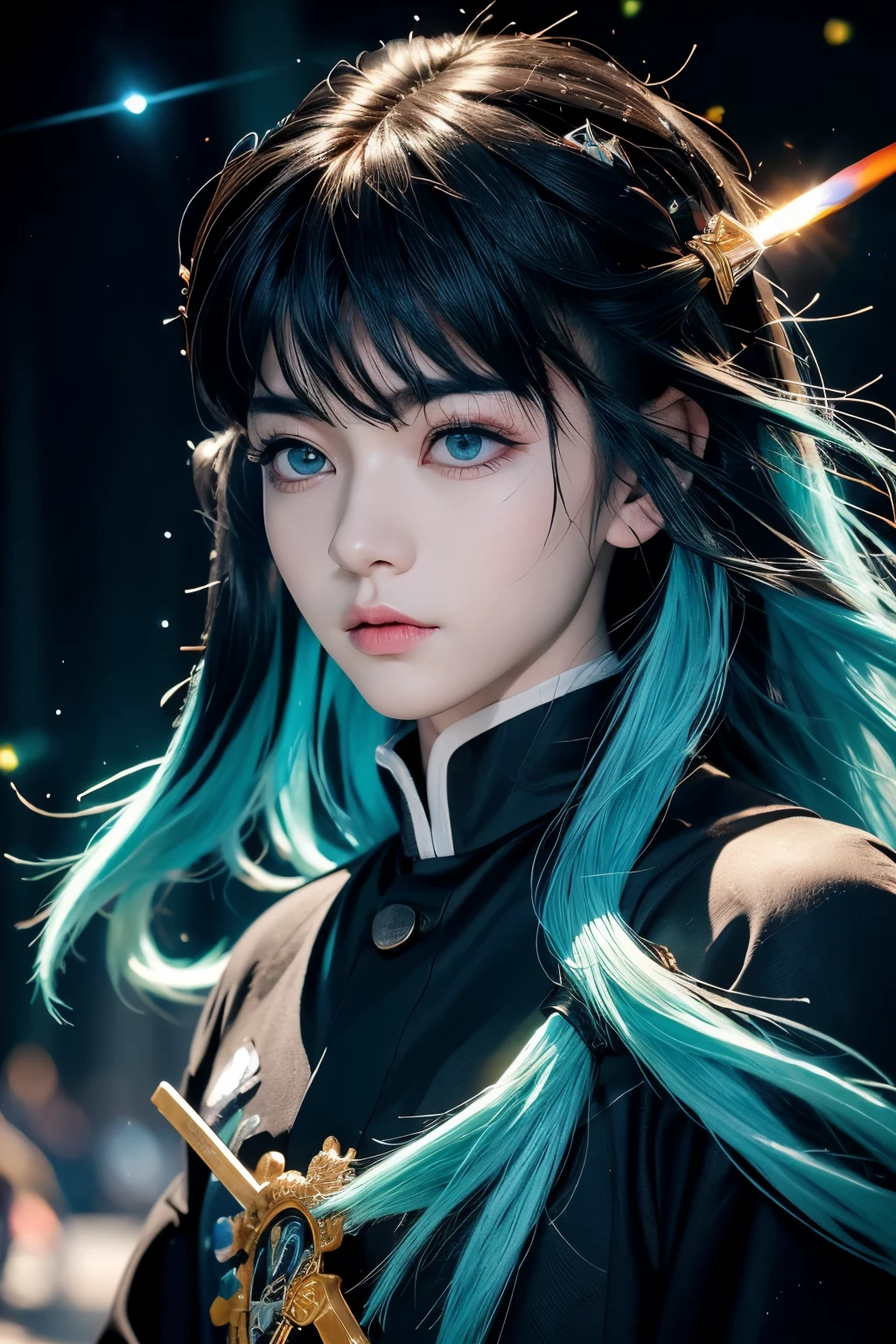 A beautiful,1boy,realistic muichiro tokito, demon slayer, masculine face, demon slayer uniform, samurai, mist hashira, long hair with bangs,beautiful detailed eyes,beautiful detailed lips,extremely detailed face,long eyelashes,intricate details,photorealistic,8k,high quality,masterpiece,professional 3d render,volumetric lighting,glossy skin,photorealistic skin,hyper realistic,ultra detailed,sharp focus,portrait,iridescence,dramatic angle,space,(floating colorful sparkles:1.3),Dramatic Lighting,Chiaroscuro,Evocative Depth