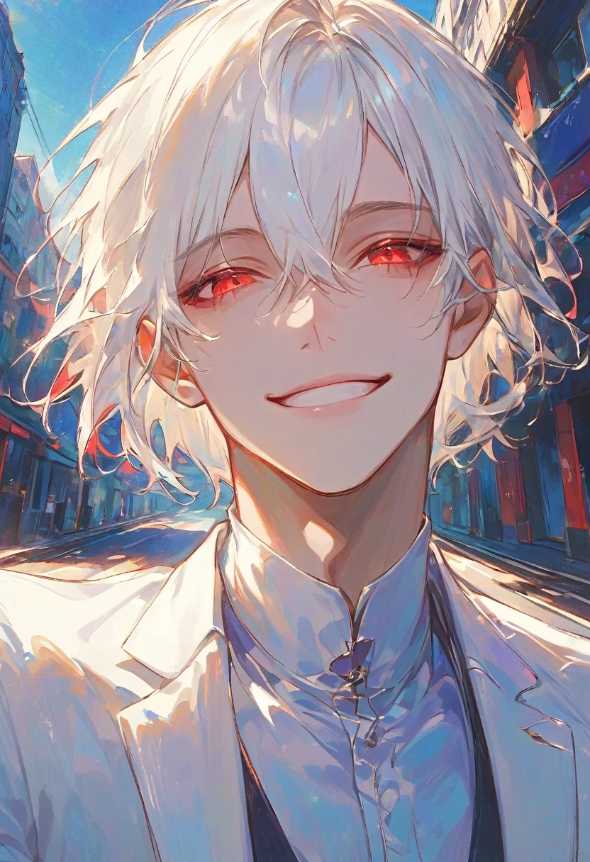 materpiece,1male,gentle,white hair,short hair,hair between eyes,red eyes,laughs with eyes,smile,closed mouth,white suit,white dress shirt,upper body,looking at viewer,day,road of city