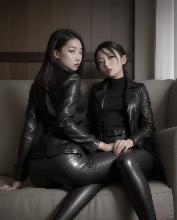 photograph (2 girls), (masterpiece), (Realistic portraits), they are (Wong Leo is here), they are having sex on a sofa, Performing from behind in doggy style, they are wearing (Black horse leather pants),  (Black horse leather maxi long coat), they are in a (Dark Lounge Room), (Leather sofa, Leather pillow), The walls of the lounge room are made of wood., Old Dim, Visible from the window (Midnight) Dark theme on the outside, they are seductive, they are (Lesbian), 