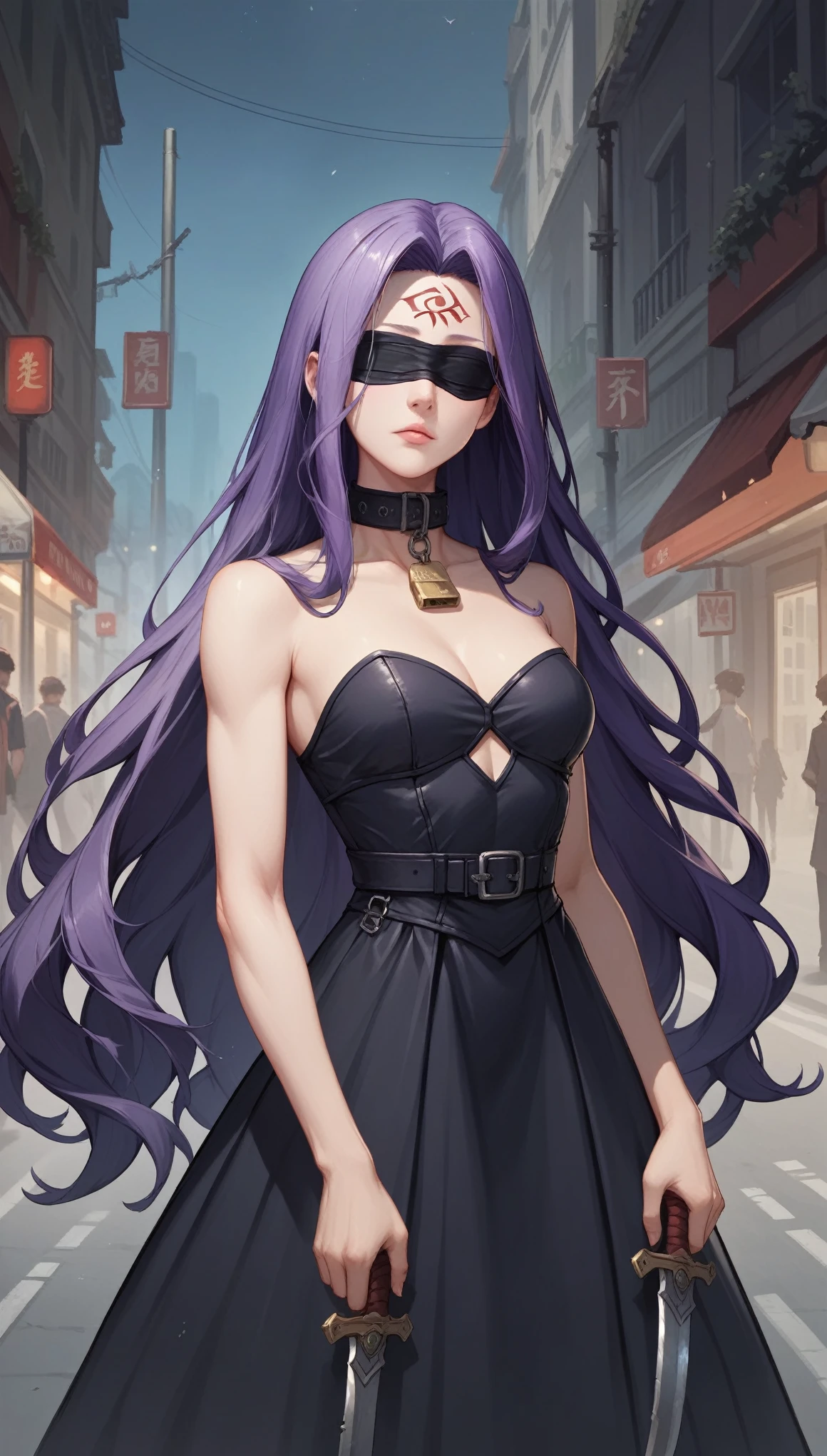 Score_9, Score_8_up, Score_7_up, sauce_anime, Medasa Rider, Ride Medusa, Long Hair, very Long Hair, Purple Hair, Facial marks, Forehead mark Taihai, dress, Clevis, Shoulder, Sleeveless, black dress, collar, Strapless, Strapless dress, Blindfold, ((Detailed Background, Outdoor, Harbour Street, Dark Night, Jump over the city, Dynamic posing)), looking at viewer, Combat Ready, arms, Lock, knife,