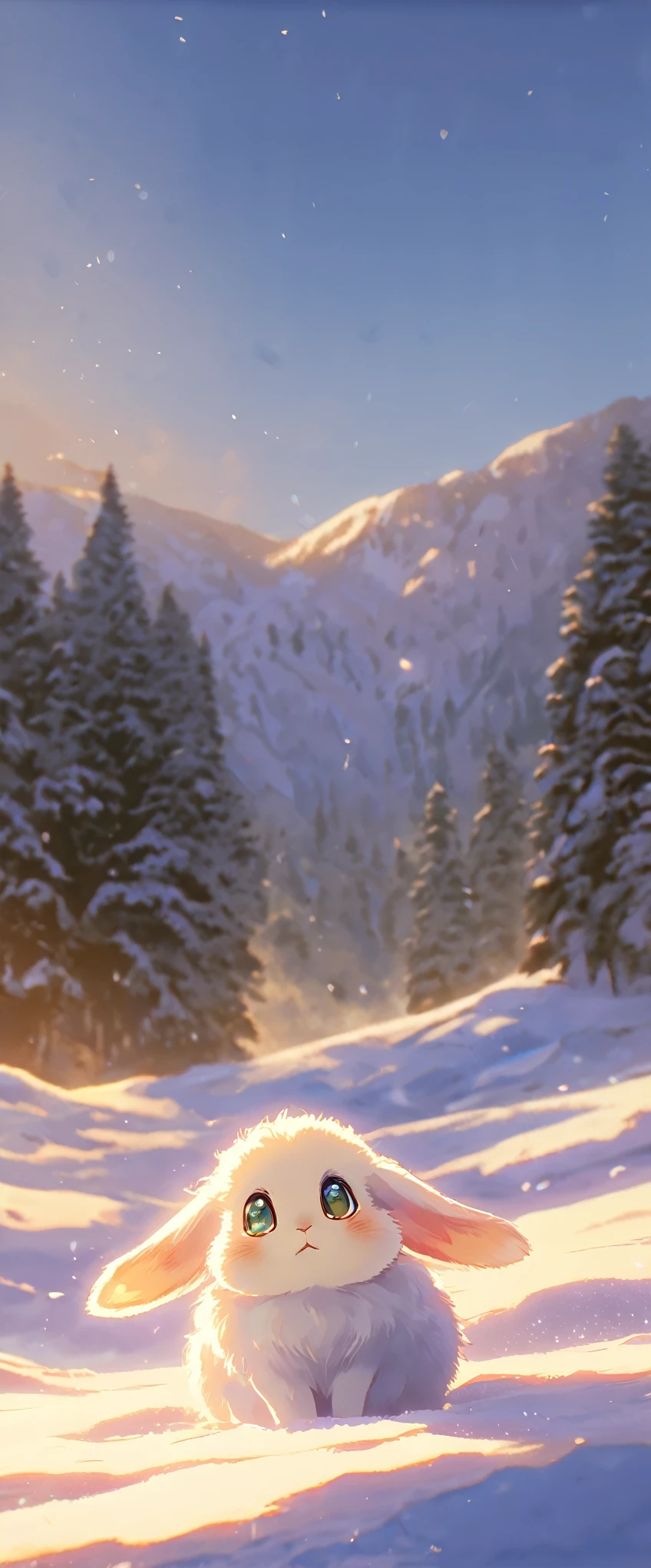 Create a close-up, animated illustration of a fluffy baby bunny sitting in a field of snow. Emphasize the soft fur, big eyes, and twitching nose of the bunny. The background should be a gentle blur of greenery, highlighting the cuteness and innocence of the baby bunny, by makoto shinkai, anime beautiful peace scene, beautiful anime scene, anime background art, anime landscape wallpaper, anime countryside landscape, anime art wallpaper 4 k , anime art wallpaper 4k, beautiful anime scenery, anime art wallpaper 8 k, amazing wallpaper , Winter , Lots of snow , SNOW , Forest