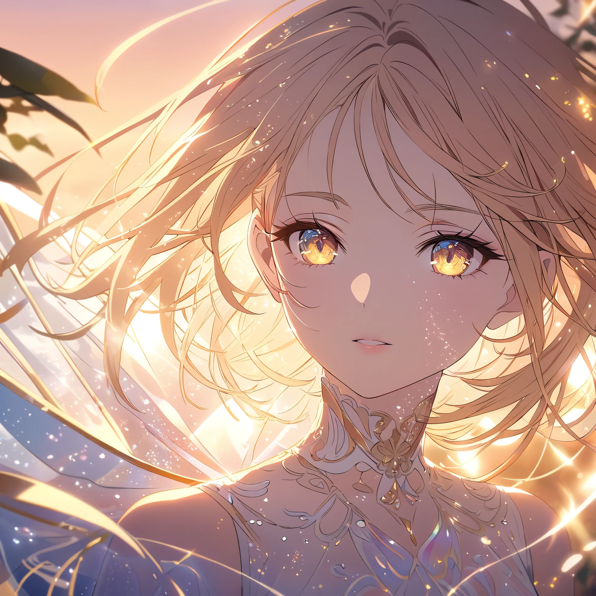 high quality, A fairy falling from the sky, translucent with multicolored glitters, white dress, symmetrical face, golden hour, soft, focused, highly detailed,dramatic lighting, elegant, intricate