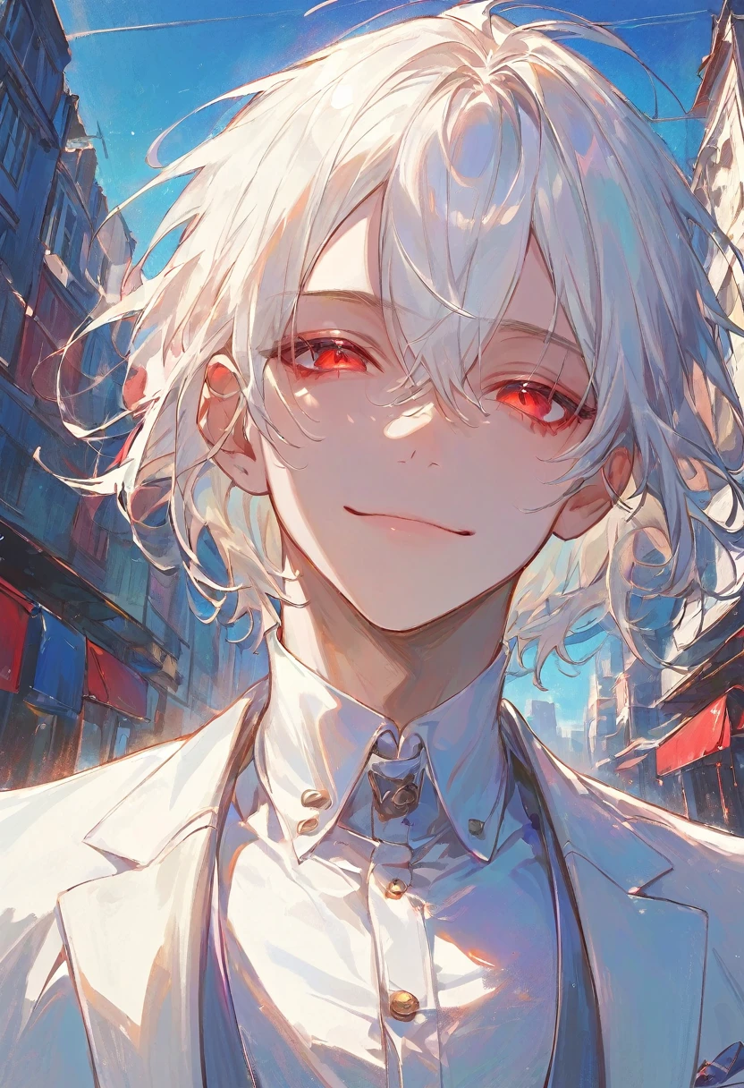 materpiece,1male,gentle,white hair,short hair,hair between eyes,red eyes,laughs with eyes,closed mouth,white suit,white dress shirt,upper body,looking at viewer,day,road of city