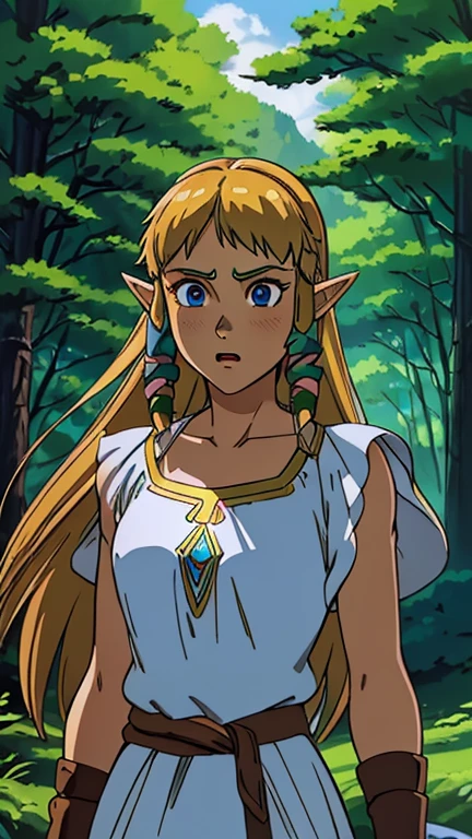 (Teens:1girl: princess zelda), (extremely detailed CG unit 8k wallpaper),(master part), (best quality), (ultra detail), (best illustration),(GHIBLI_Background), cowboy shot, (Sharp eyeliner, ombre, detailed eyes:1), forest, outdoor, ,break , (style akirafilm), upper body, sksw, white dress, hair tubes, hair ribbon,