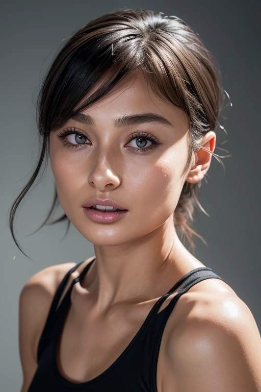 Taylor Hill、High resolution realistic photos,8k,Realistic skin texture,Born々New People々々々々々々々,1 person,Tabletop,,Awards - Winning Photos, Very detailed, Close your eyes, Nose and mouth,Face Focus, extreme close up of face、口を開けてClose your eyesいる女性, Black camisole、20 years old,Black-haired、Symmetrical face,Realistic nostrils、Angle from below、Elongated C-shaped nostrils,((Gray background))、Sweaty skin、汗でGlowing Skinを強調する照明、((Sharp Nose))Sweaty skin glistens、Glowing Skin、Sweaty hair、sunlight、(Brow wrinkles)((Frowning))、((Thin eyebrows))((Oily skin、Glowing Skin))、Double Eyelids、Hair tied up、Updo、Please lift your head((Super wet skin))(((nasal septumが広く見える[[profile,nasal septum,[[profile)))