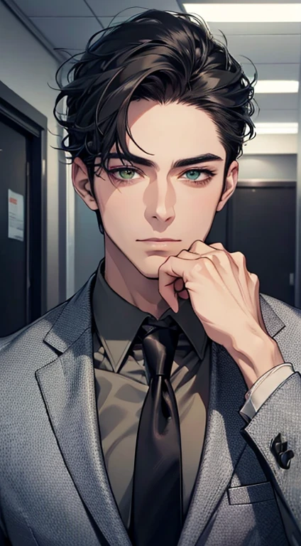 (Highest quality,4K,8K,High resolution,masterpiece:1.2),Super detailed,(Realistic,photoRealistic,photo-Realistic:1.37),1 personld,Mature Men,Beautiful skin、very handsome,Expressionless,Short gray Black hair,green eyes,Sharp Eyes,A perfect face without a doubt,Businessman, CEO, Office Background,Cinema Lighting,HDR image,tie、