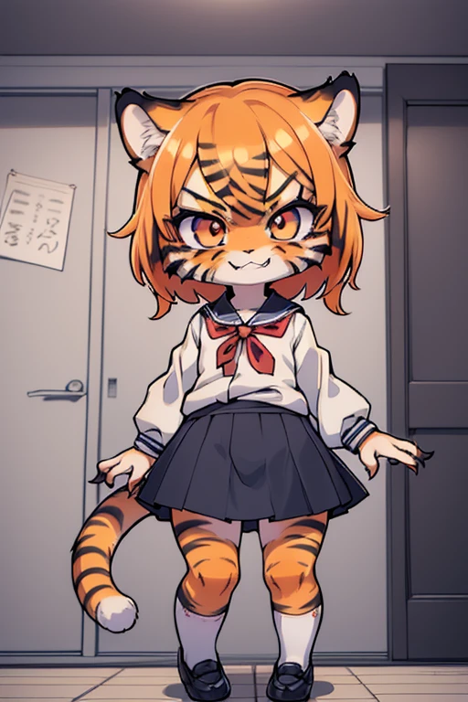 (masterpiece, High quality, Best quality, 8k, High resolution), ((chibii style, chibi cute)), ((solo, 1 kid girl)), {tiger girl, tiger face, {1 fang}, long eyelashes, eyeliner} {tiger whiskers}, (((Tiger skin all over the body, Tiger stripes on the body))), (short hair, orange hair), (detailed eyes, black pupile), (((evil smile, angry))), ((close mouth)), ((from below)), (flat chest), thin arms, {sharp claws}, ((blue japanese school uniform, gray skirt, school shoes)), {{white stockings}}, {{{mini tiger Tail, Tail on the back}}}, ((full body, walking, dynamic pose)), (school background, back hallway, school door,), ((((Tora-chan no Hanayome style)))), (old anime 40s style), anime style.