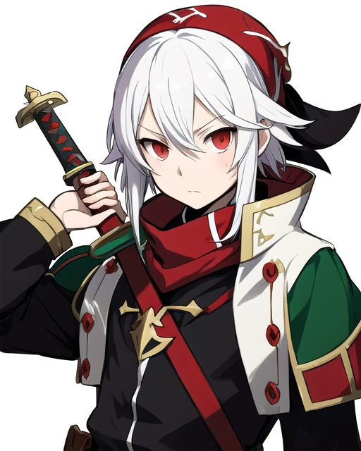 White hair, red eyes, etrian odyssey character, fantasy character,  green bandanna,  holding sword and lanturn