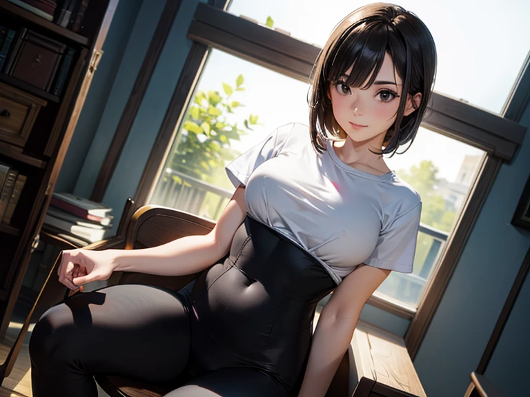 an anime female with large breasts sitting on a chair wearing underwear at her home, 1girl, breasts, solo, underwear, thighhighs, panties, shirt, large breasts, sitting, looking at viewer, black hair, blue eyes, black panties, black thighhighs,, blush, white shirt, short sleeves, window, indoors, bangs, open clothes, open shirt, parted lips, collarbone, short hair, navel, no bra, collared shirt, thighs, partially unbuttoned, black footwear