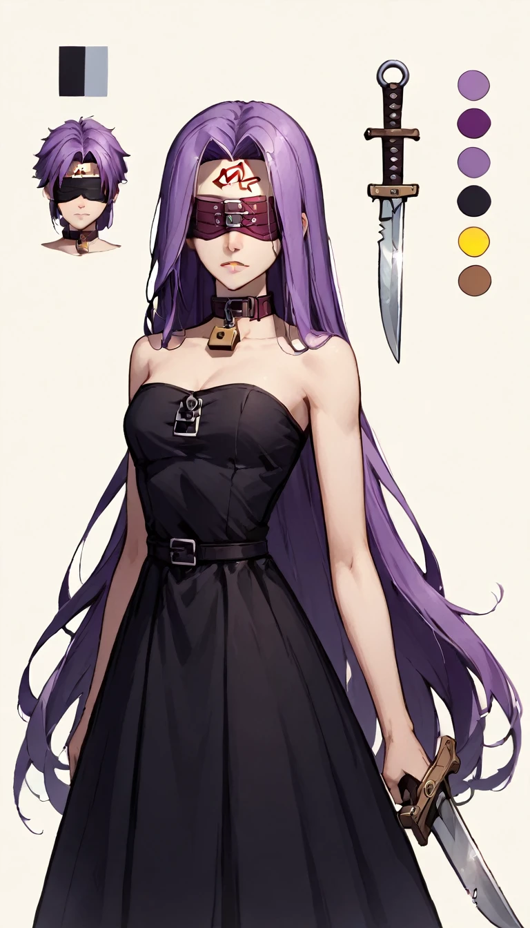 Score_9, Score_8_up, Score_7_up, sauce_anime, Medasa Rider, Ride Medusa, Long Hair, very Long Hair, Purple Hair, Facial marks, Forehead mark Taihai, dress, Clevis, Shoulder, Sleeveless, black dress, collar, Strapless, Strapless dress, Blindfold, ,((Reference Sheet, Character Design, Front, return, ~ ~ side, Mister..々Hairstyle, Mister..々performance, expression)), lock blade, connection lock, knife, 