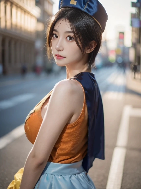 20 year old Japanese beauty，One woman、Muscular body like a bodybuilder、Emphasize the breasts、Slit eyes、A head-to-toe view，Bust is very very large、The background is a Christian church、High quality photos、Clear, crisp images of the lower body、Masterpiece 8k、From the front, from the side, from the back, etc.々from what camera angle to shoot、Dragon Quest III female priest cosplay、Wearing a diamond necklace、I have blonde hair、Orange tights all over、He has a scepter in his hand、Wearing light blue robes、Wearing a hat with a cross motif、Falling on my butt