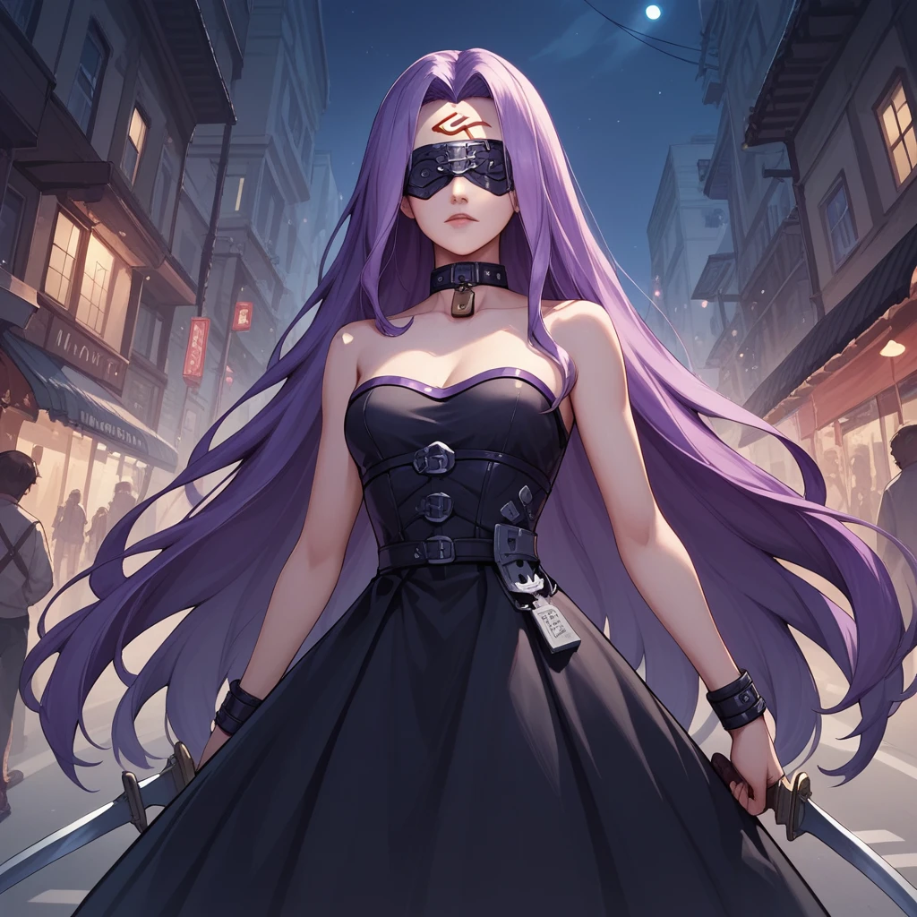 Score_9, Score_8_up, Score_7_up, sauce_anime, Medasa Rider, Ride Medusa, Long Hair, very Long Hair, Purple Hair, Facial marks, Forehead mark Taihai, dress, Clevis, Shoulder, Sleeveless, black dress, collar, Strapless, Strapless dress, Blindfold, ((Detailed Background, Outdoor, Harbour Street, Dark Night, Jump over the city, Dynamic posing)), Cowboy Shot, Dutch Angle, looking at viewer, Combat Ready, lock blade, connection lock, knife,