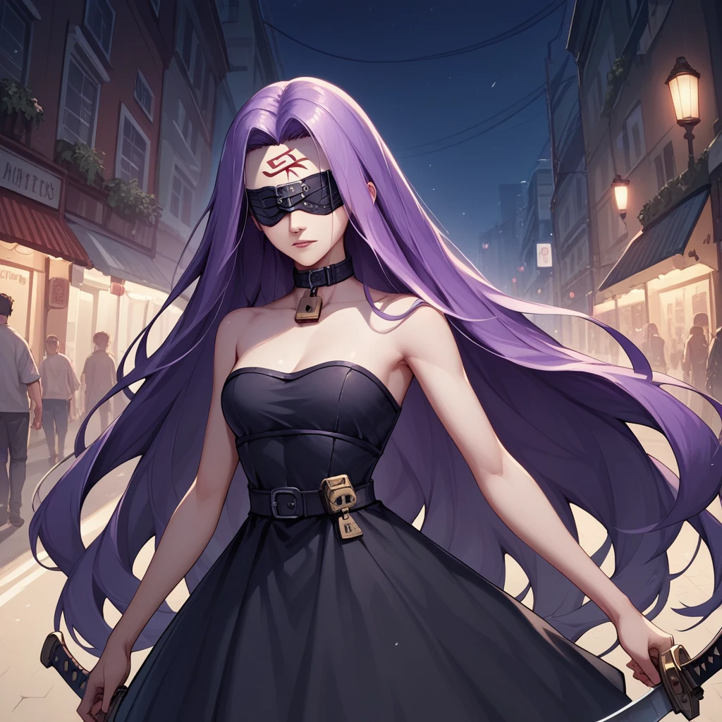 Score_9, Score_8_up, Score_7_up, sauce_anime, Medasa Rider, Ride Medusa, Long Hair, very Long Hair, Purple Hair, Facial marks, Forehead mark Taihai, dress, Clevis, Shoulder, Sleeveless, black dress, collar, Strapless, Strapless dress, Blindfold, ((Detailed Background, Outdoor, Harbour Street, Dark Night, Jump over the city, Dynamic posing)), Cowboy Shot, Dutch Angle, looking at viewer, Combat Ready, lock blade, connection lock, knife,