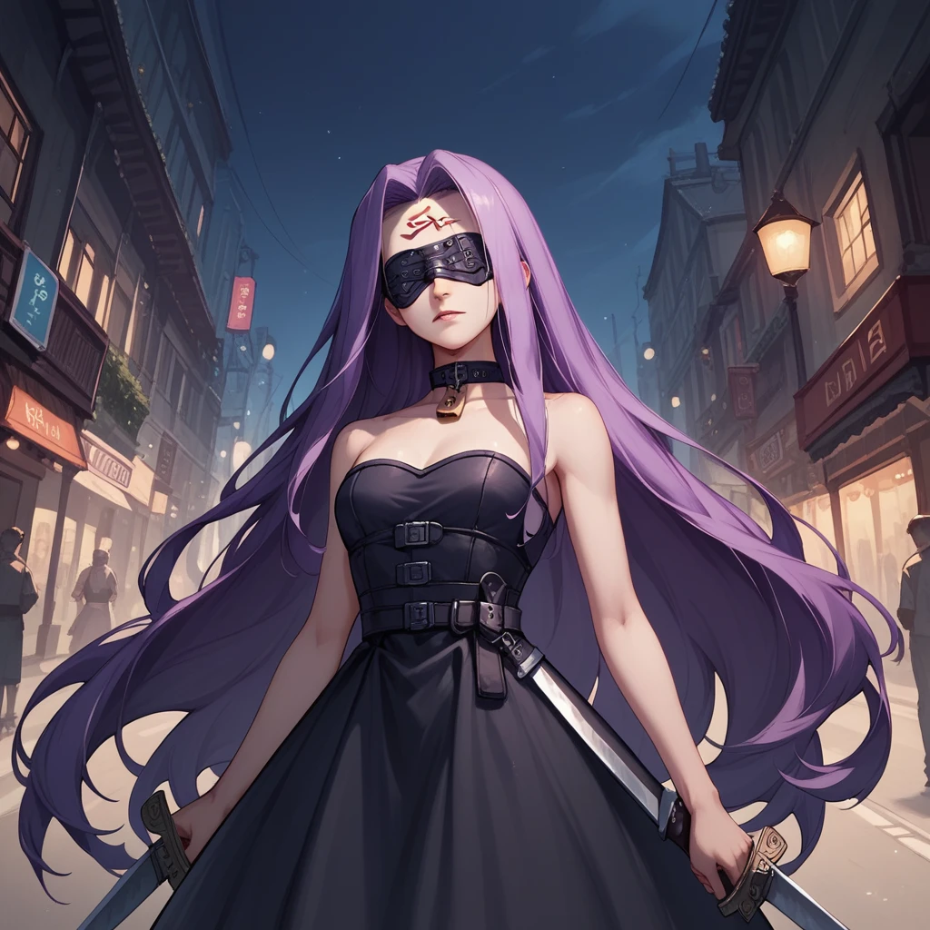 Score_9, Score_8_up, Score_7_up, sauce_anime, Medasa Rider, Ride Medusa, Long Hair, very Long Hair, Purple Hair, Facial marks, Forehead mark Taihai, dress, Clevis, Shoulder, Sleeveless, black dress, collar, Strapless, Strapless dress, Blindfold, ((Detailed Background, Outdoor, Harbour Street, Dark Night, Jump over the city, Dynamic posing)), Cowboy Shot, Dutch Angle, looking at viewer, Combat Ready, lock blade, connection lock, knife,