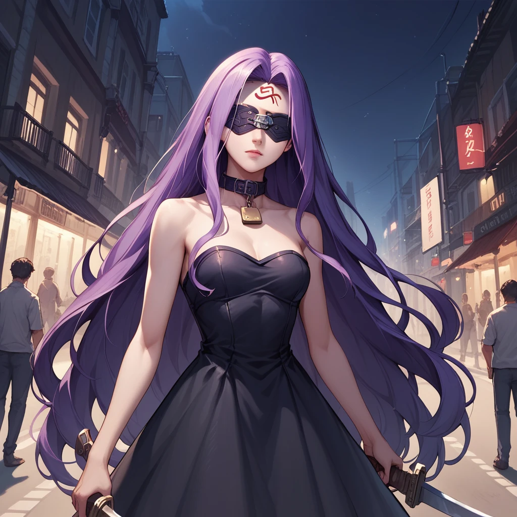 Score_9, Score_8_up, Score_7_up, sauce_anime, Medasa Rider, Ride Medusa, Long Hair, very Long Hair, Purple Hair, Facial marks, Forehead mark Taihai, dress, Clevis, Shoulder, Sleeveless, black dress, collar, Strapless, Strapless dress, Blindfold, ((Detailed Background, Outdoor, Harbour Street, Dark Night, Jump over the city, Dynamic posing)), Cowboy Shot, Dutch Angle, looking at viewer, Combat Ready, lock blade, connection lock, knife,