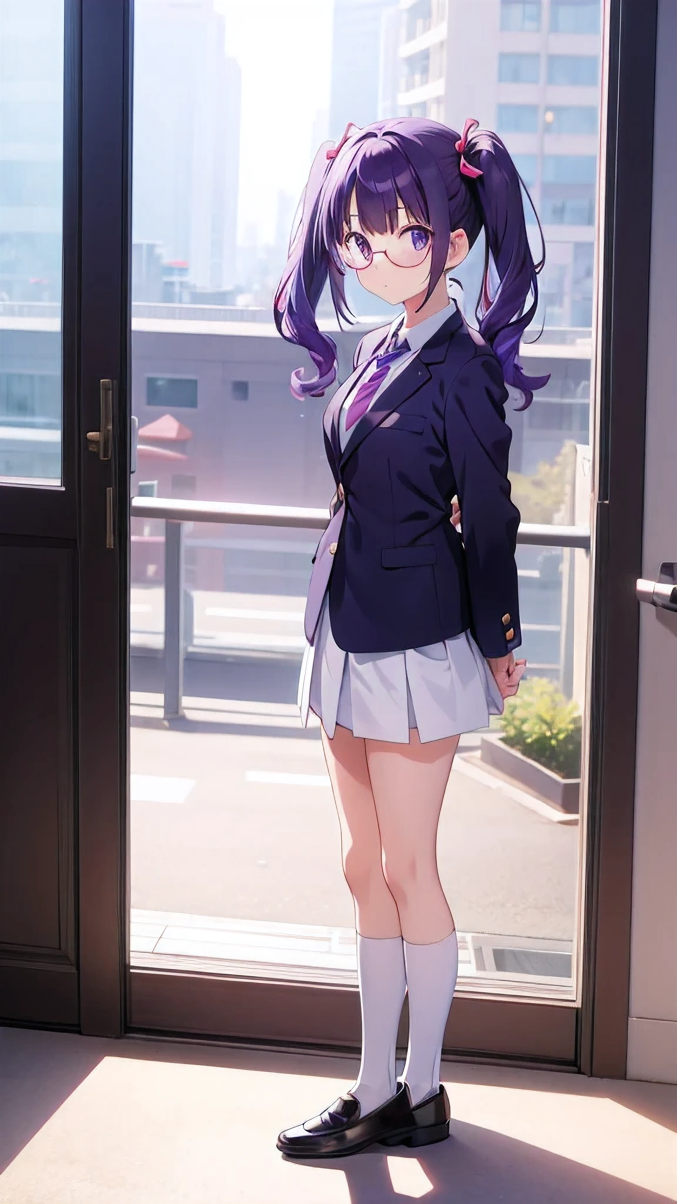 Anime girl standing with her arms folded behind her back　Window　Twin tails　Glasses　Purple Hair　White crew socks　Black Loafers　Blazer uniform　tie