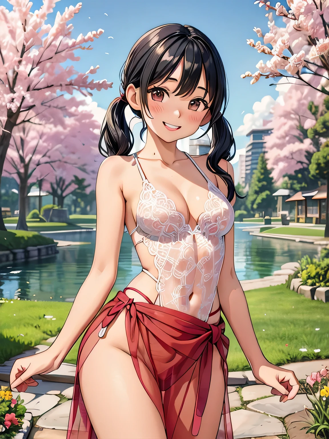 masterpiece, best quality,  intricate background, sunshine,
cowboy shot, 1girl, asian, medium breasts, black hair, twintails,  blush, smile, upper teeth only, head tilt, Japanese city park, trees, flowers, small lake, double v,  lace_bodysuit_sar_ski, spaghetti strap, sleeveless, thong cut, sheer, long sarong skirt,