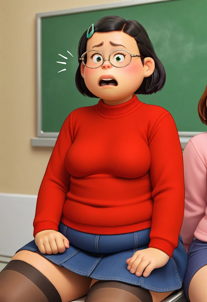 Mei Lee,

(((small body))), chubby, chubby, black hair, hairpin, glasses, red sweater, pink shirt, stockings, blue skirt, surprised,

score_9, score 8, score 7, score 6,

1 girl, medium breasts, 

looking at viewer, looking at penis, sitting on bus, spreading legs,

1 Man, sitting together, big penis, erect, out of frame,