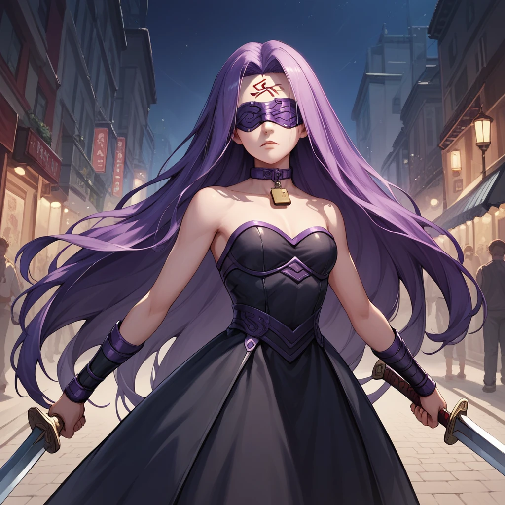 Score_9, Score_8_up, Score_7_up, sauce_anime, Medasa Rider, Ride Medusa, Long Hair, very Long Hair, Purple Hair, Facial marks, Forehead mark Taihai, dress, Clevis, Shoulder, Sleeveless, black dress, collar, Strapless, Strapless dress, Blindfold, ((Detailed Background, Outdoor, Harbour Street, Dark Night, Jump over the city, Sword fighting pose)), Cowboy Shot, Dutch Angle, looking at viewer, Combat Ready, lock blade, connection lock, knife,