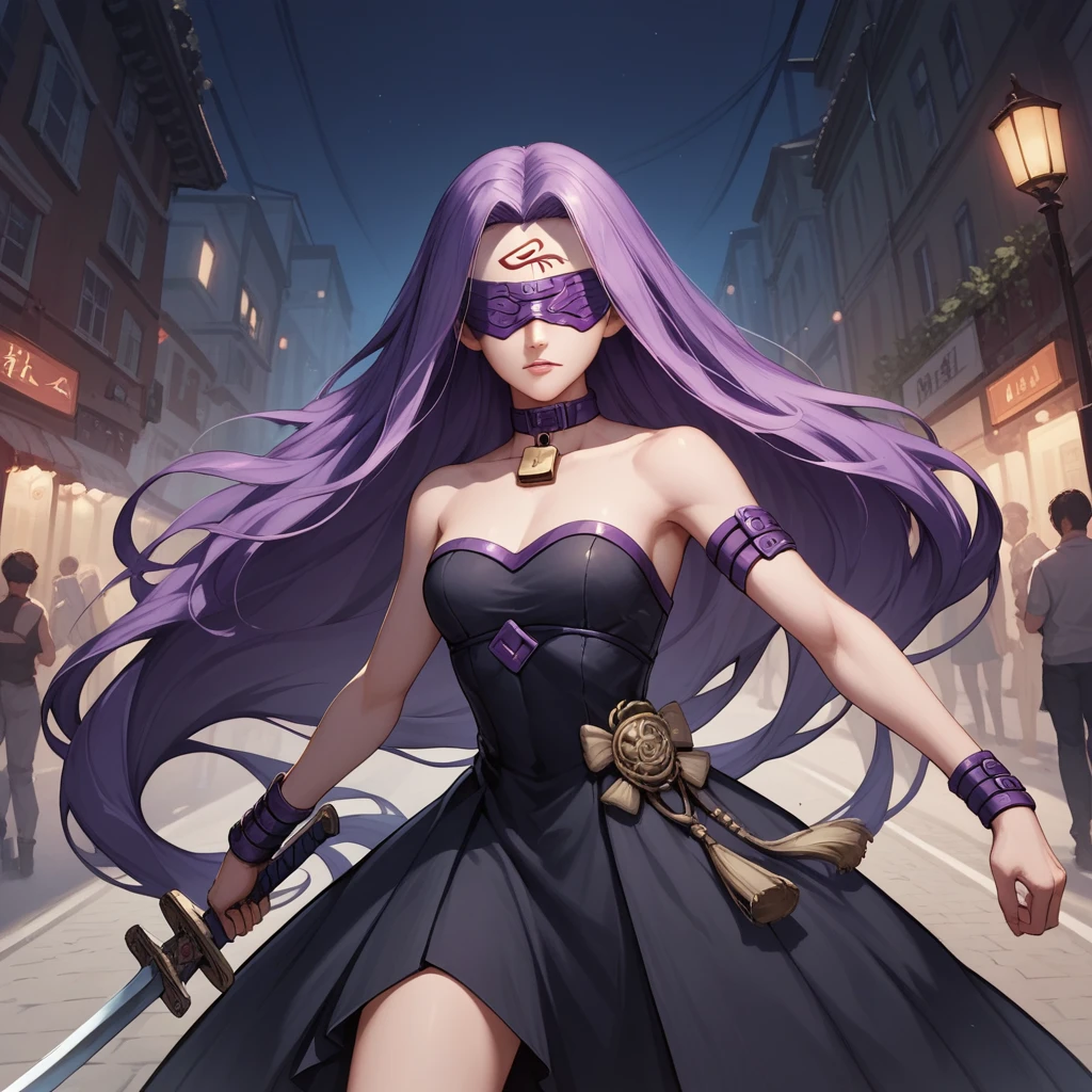 Score_9, Score_8_up, Score_7_up, sauce_anime, Medasa Rider, Ride Medusa, Long Hair, very Long Hair, Purple Hair, Facial marks, Forehead mark Taihai, dress, Clevis, Shoulder, Sleeveless, black dress, collar, Strapless, Strapless dress, Blindfold, ((Detailed Background, Outdoor, Harbour Street, Dark Night, Jump over the city, Sword fighting pose)), Cowboy Shot, Dutch Angle, looking at viewer, Combat Ready, lock blade, connection lock, knife,