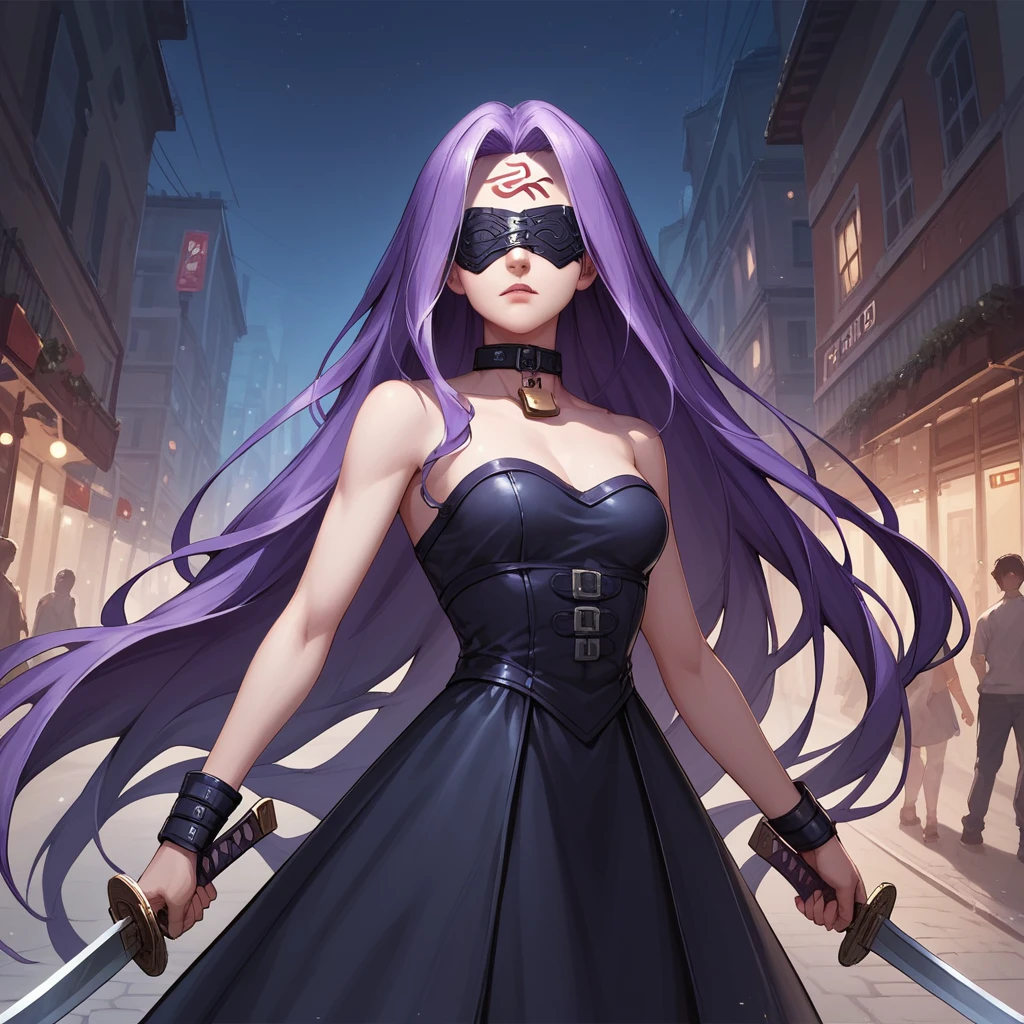 Score_9, Score_8_up, Score_7_up, sauce_anime, Medasa Rider, Ride Medusa, Long Hair, very Long Hair, Purple Hair, Facial marks, Forehead mark Taihai, dress, Clevis, Shoulder, Sleeveless, black dress, collar, Strapless, Strapless dress, Blindfold, ((Detailed Background, Outdoor, Harbour Street, Dark Night, Jump over the city, Sword fighting pose)), Cowboy Shot, Dutch Angle, looking at viewer, Combat Ready, lock blade, connection lock, knife,