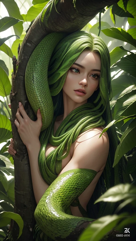 "(best quality,highres),green-haired anime girl,with detailed eyes and lips,holding an apple,wrapped in a green serpent,standing in a lush garden,under soft sunlight,creating a vibrant and magical atmosphere,depicted in a digital illustration style,with vivid colors and sharp focus"