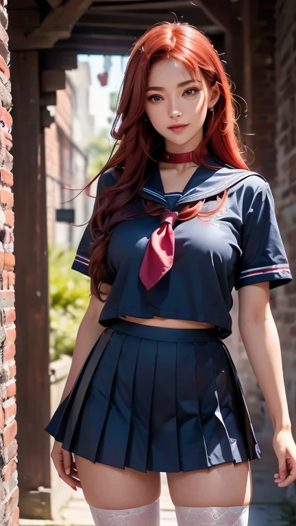(8k, RAW photo, photorealistic: 1.25), (lip gloss, eyelashes, bright face, glowing skin, red hair, best quality, ultra high resolution, depth of field, chromatic aberration, caustic, wide lighting, natural shading, Kpop idol) looking at the viewer with a serene and divine bliss, college room, sailor's uniform, miniskirt