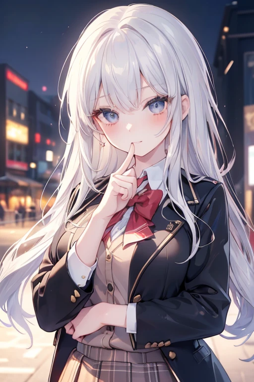 (masterpiece, best quality:1.3), (finely detailed eyes and face:1.3), 1girl, solo, white hair, very long hair, frizzy hair, hair between eyes, white sleeveless shirt, black necktie, black skirt, finger gun, street, building, rainy, cloudy sky, surface reflection, finger focus, close-up, dynamic angle, dynamic pose,