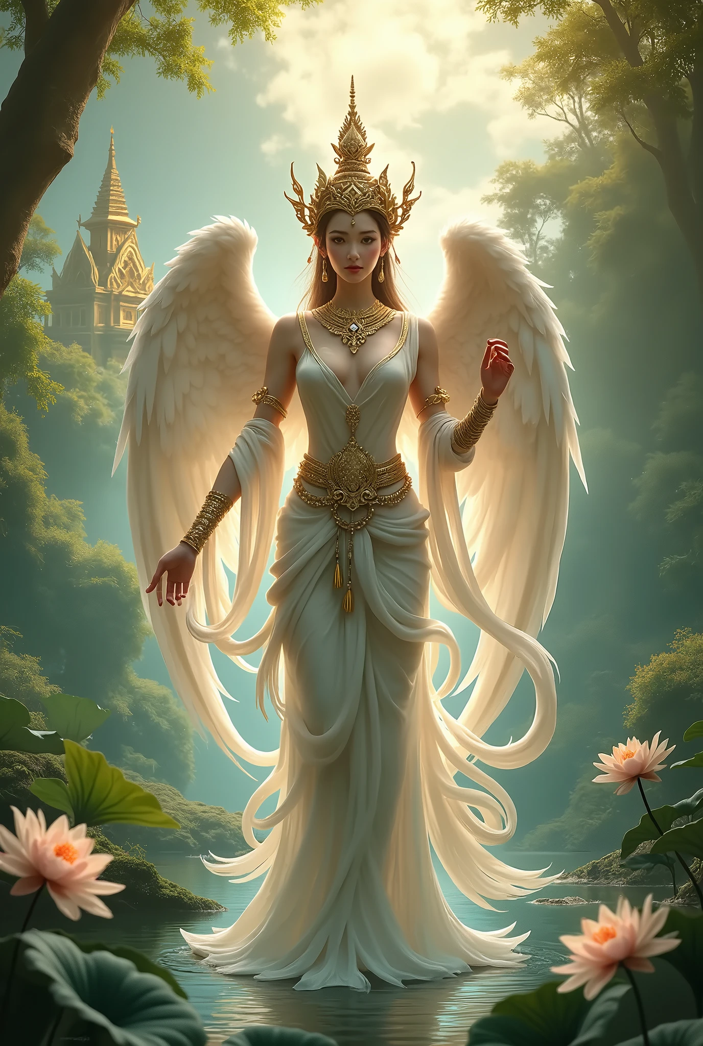 There is a woman with wings standing in a forest - SeaArt AI
