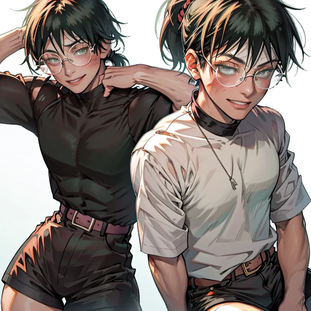 Maki Zenin solo, dark green hair, hair tied in a ponytail, wearing tight black top, very short jean shorts, ultra detailed green eyes, smiling and blushing expression, white background, wearing round frame glasses