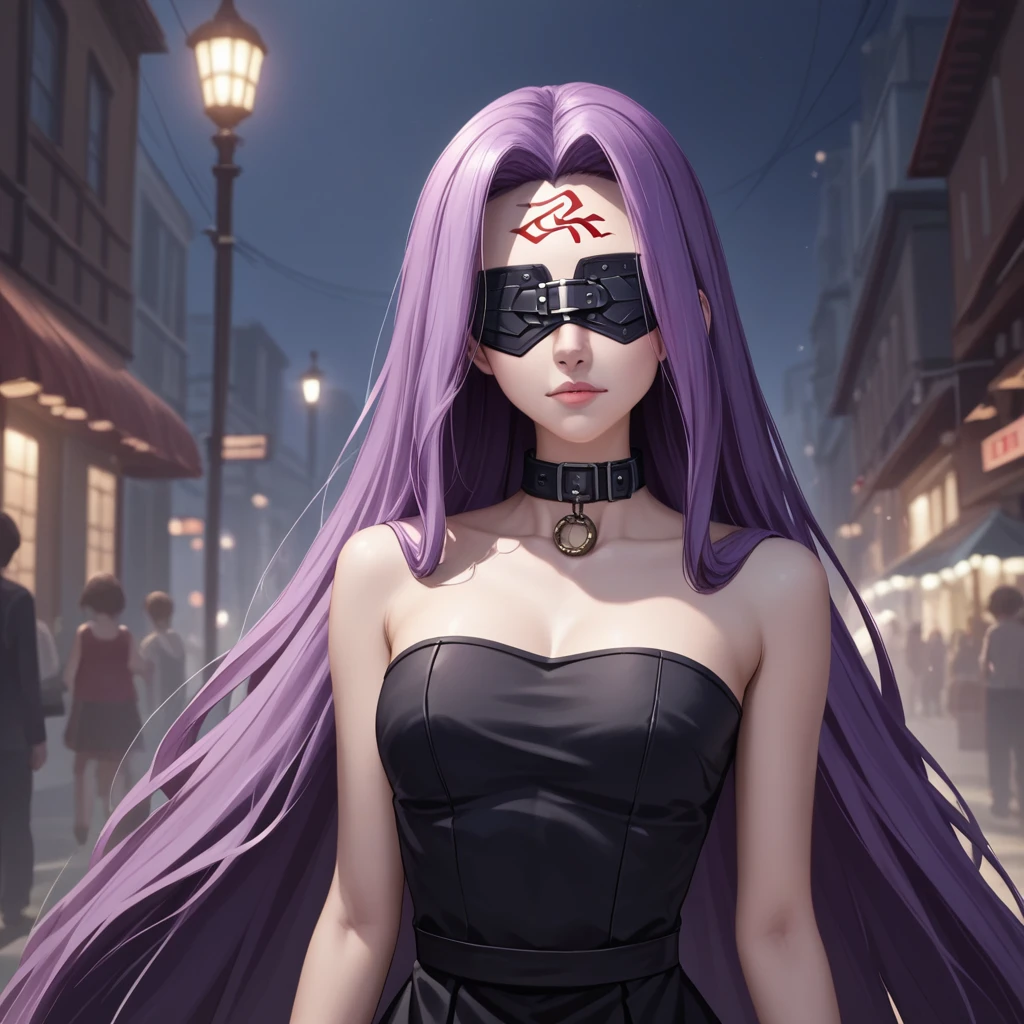 Medasa Rider, Ride Medusa, Long Hair, very Long Hair, Purple Hair, Facial marks, Forehead mark Taihai, dress, Clevis, Shoulder, Sleeveless, black dress, collar, Strapless, Strapless dress, Blindfold, 8k, ((Mastepiece)),(((Best Quality))),((Super detailed)),((((Realism)))), Photorealistic:1.37, (Ultra-realistic), (Illustration), (High resolution), (Very detailed), (最高のIllustration), (Super detailed細壁紙), (Detail face), (Beautiful expression), ((詳細 Best Qualityのスキン:1.2)), ((damp skin)), ((Reddish cheeks)), (Super detailed細な背景, Detailed background, Harbour Street, Dark Night, Jump over the city, Dynamic posing)), Cowboy Shot, Dutch Angle, looking at viewer, Combat Ready, lock blade, connection lock, knife