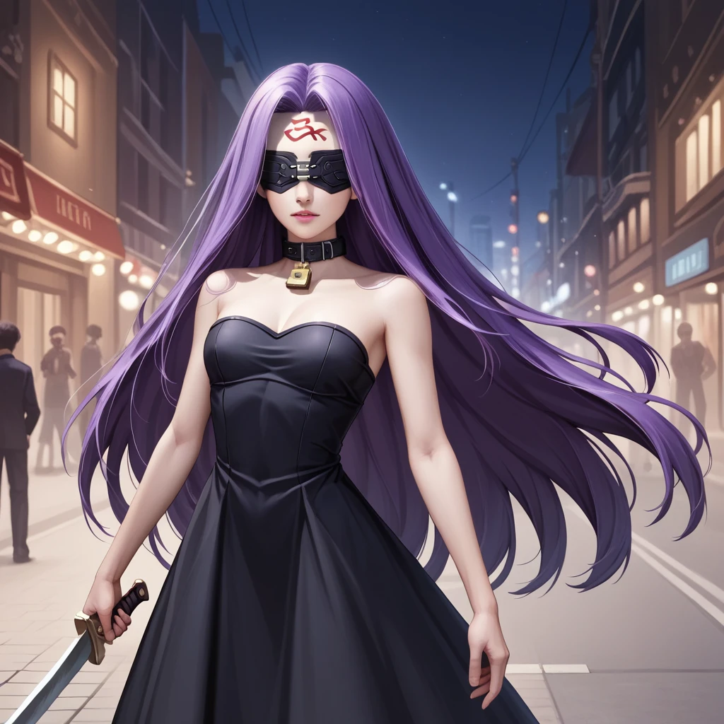 Medasa Rider, Ride Medusa, Long Hair, very Long Hair, Purple Hair, Facial marks, Forehead mark Taihai, dress, Clevis, Shoulder, Sleeveless, black dress, collar, Strapless, Strapless dress, Blindfold, 8k, ((Mastepiece)),(((Best Quality))),((Super detailed)),((((Realism)))), Photorealistic:1.37, (Ultra-realistic), (Illustration), (High resolution), (Very detailed), (最高のIllustration), (Super detailed細壁紙), (Detail face), (Beautiful expression), ((詳細 Best Qualityのスキン:1.2)), ((damp skin)), ((Super detailed細な背景, Detailed background, Harbour Street, Dark Night, Jump over the city, Dynamic posing)), Cowboy Shot, Dutch Angle, looking at viewer, Combat Ready, lock blade, connection lock, knife