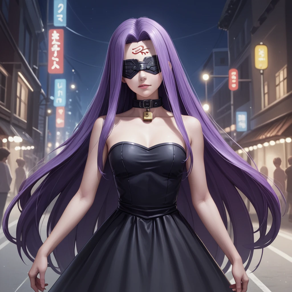 Medasa Rider, Ride Medusa, Long Hair, very Long Hair, Purple Hair, Facial marks, Forehead mark Taihai, dress, Clevis, Shoulder, Sleeveless, black dress, collar, Strapless, Strapless dress, Blindfold, 8k, ((Mastepiece)),(((Best Quality))),((Super detailed)),((((Realism)))), Photorealistic:1.37, (Ultra-realistic), (Illustration), (High resolution), (Very detailed), (最高のIllustration), (Super detailed細壁紙), (Detail face), (Beautiful expression), ((詳細 Best Qualityのスキン:1.2)), ((damp skin)), ((Super detailed細な背景, Detailed background, Harbour Street, Dark Night, Jump over the city, Dynamic posing)), Cowboy Shot, Dutch Angle, looking at viewer, Combat Ready, lock blade, connection lock, knife