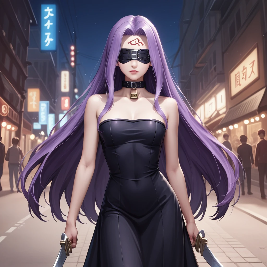 Medasa Rider, Ride Medusa, Long Hair, very Long Hair, Purple Hair, Facial marks, Forehead mark Taihai, dress, Clevis, Shoulder, Sleeveless, black dress, collar, Strapless, Strapless dress, Blindfold, 8k, ((Mastepiece)),(((Best Quality))),((Super detailed)),((((Realism)))), Photorealistic:1.37, (Ultra-realistic), (Illustration), (High resolution), (Very detailed), (最高のIllustration), (Super detailed細壁紙), (Detail face), (Beautiful expression), ((詳細 Best Qualityのスキン:1.2)), ((damp skin)), ((Super detailed細な背景, Detailed background, Harbour Street, Dark Night, Jump over the city, Dynamic posing)), Cowboy Shot, Dutch Angle, looking at viewer, Combat Ready, lock blade, connection lock, knife