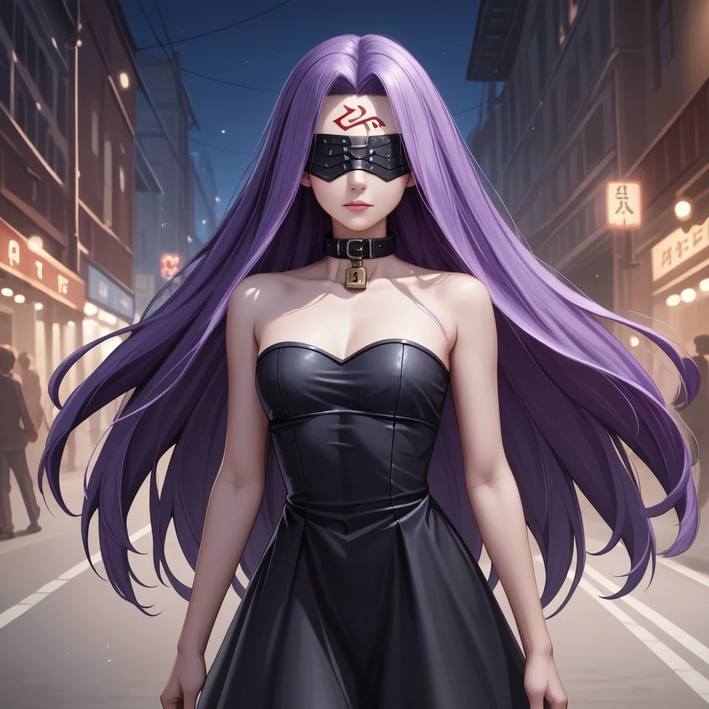 Medasa Rider, Ride Medusa, Long Hair, very Long Hair, Purple Hair, Facial marks, Forehead mark Taihai, dress, Clevis, Shoulder, Sleeveless, black dress, collar, Strapless, Strapless dress, Blindfold, 8k, ((Mastepiece)),(((Best Quality))),((Super detailed)),((((Realism)))), Photorealistic:1.37, (Ultra-realistic), (Illustration), (High resolution), (Very detailed), (最高のIllustration), (Super detailed細壁紙), (Detail face), (Beautiful expression), ((詳細 Best Qualityのスキン:1.2)), ((damp skin)), ((Super detailed細な背景, Detailed background, Harbour Street, Dark Night, Jump over the city, Dynamic posing)), Cowboy Shot, Dutch Angle, looking at viewer, Combat Ready, lock blade, connection lock, knife