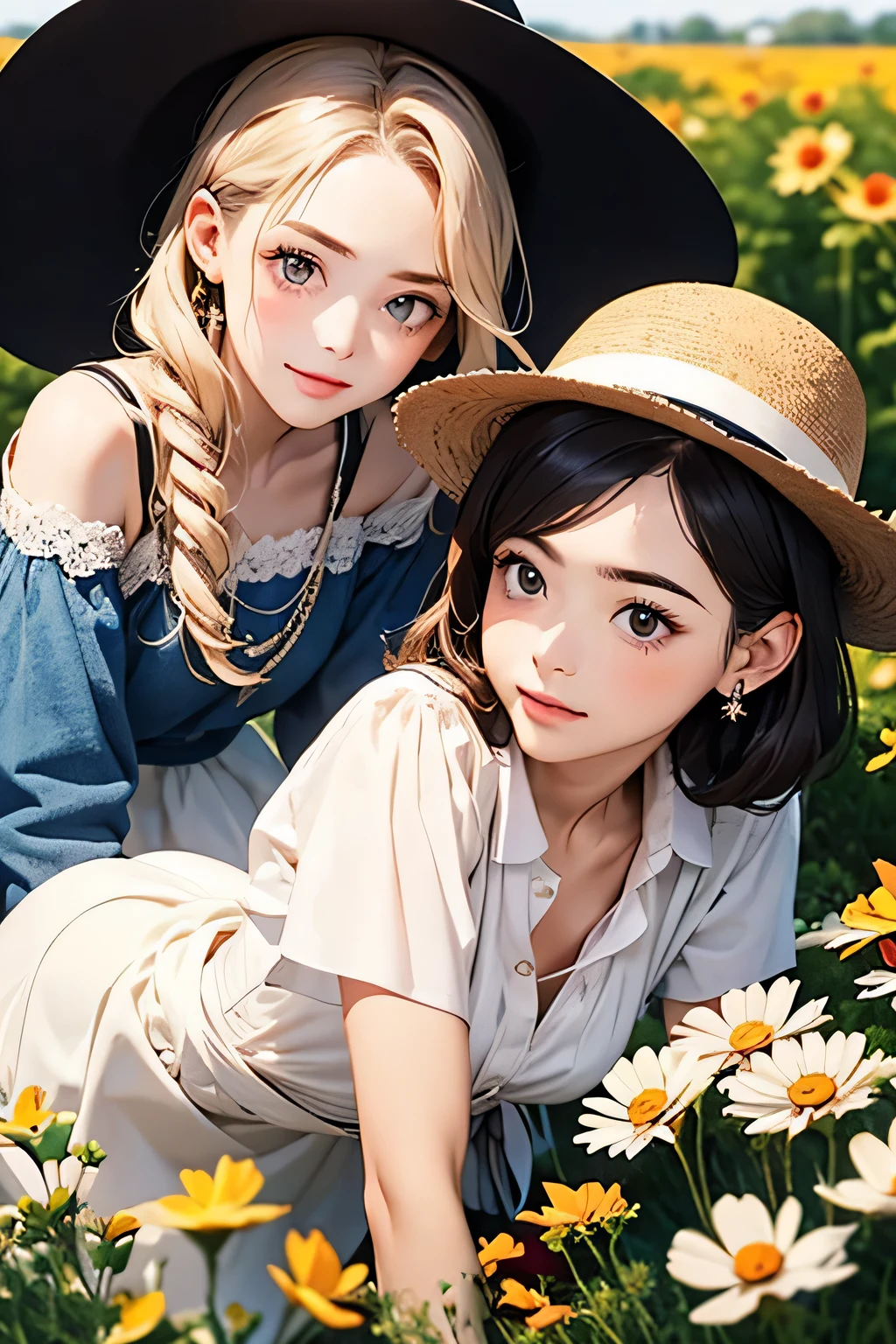 multiple girls, 2girls, flower, bangs, hat, branch, shirt, white shirt, upper body, leaf, yellow background, long sleeves, yellow flower, short hair, green hair,