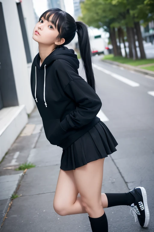 face is :9,3157126699], Realistic schoolgirl in summer uniform, 、stature　159 cm, Climbing the stairs of the house、(Wearing black tights、Realistic black tights)、serafuku、Seifuku, loose coat collar sailor uniform, Japan school uniform, A smile、Skirt and thighs、photographed from the back、s ass、Shot from directly below、Raw photo, (in 8K、top-quality、​masterpiece:1.2)、(intricate detailes:1.4)、(Photorealsitic:1.4)、octane renderings、Complex 3D rendering ultra detail, Studio Soft Light, Rim Lights, vibrant detail, super detailing, realistic skin textures, Detail Face, Beautiful detail eyes, Very detailed CG Unity 16k wallpaper, make - up, (detailedbackground:1.2),　shinny skin、turned around、Exposed thighs!!!、