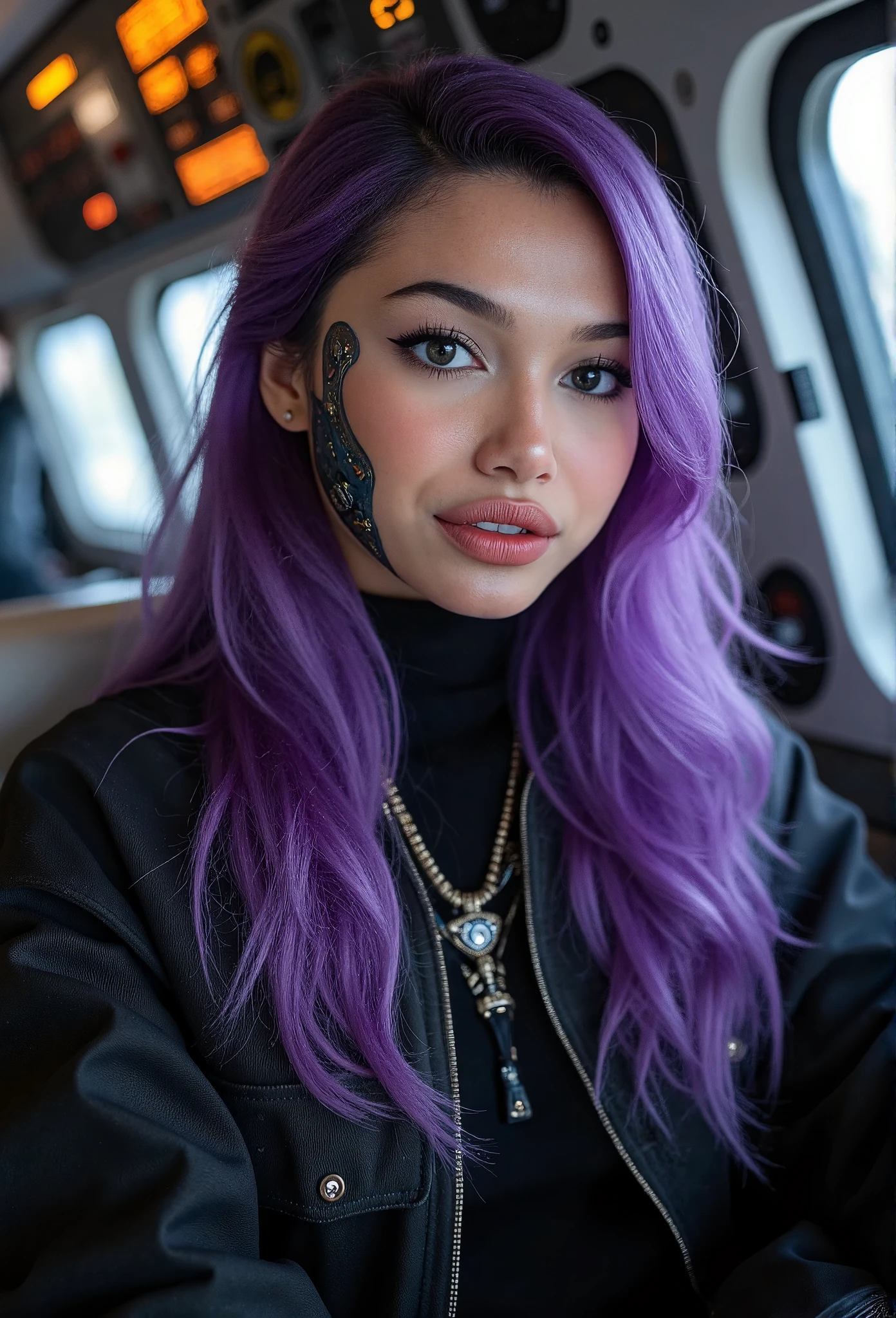 A portrait of a cyborg woman, her flowing purple hair cascading over her shoulders as she sits in the cockpit of a spaceship. Her face is a captivating blend of human and machine, with metallic accents and glowing circuitry subtly integrated into her features. The cockpit is filled with holographic displays, intricate buttons, and levers, casting soft, warm light on the scene and revealing the intricate details of the spaceship's technology. The composition highlights the contrast between her feminine features and the sharp angular lines of the spaceship's interior, creating an atmosphere of both beauty and technological wonder. RAW candid cinema, 16mm, color graded portra 400 film, remarkable color, ultra realistic, textured skin, remarkable detailed pupils, realistic dull skin noise, visible skin detail, skin fuzz, dry skin, shot with cinematic camera