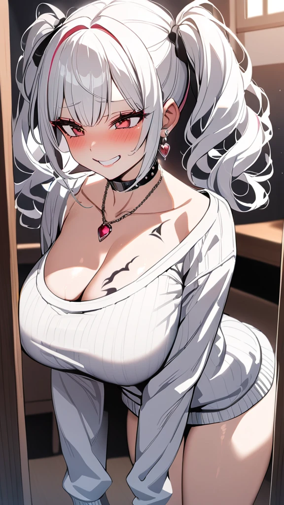 1girl, Holo-Punk Style, woman, masterpiece, white hair, best quality, indoors,shy, grin, messy twintails, makeup, dynamic pose, blush, black shirt, unzipped white sweater, blush, earrings, ruby necklace, breasts, lipstick, collarbone tattoo, mega big boob,