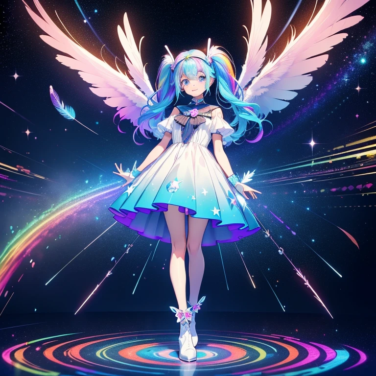 Colorful gradient hair: 1.4),Put on head gear, With V-fin ,Mechanical Wings, (whole body:1.5, Two perfect arms, Perfect two legs: 1.4), (Four perfect fingers: ), Light, Shine, Bokeh, Super Fine, Watching the audience,Focus on the eyes　star,Wide viewing angle,Low angle,彗star,milky way,((Archangel　Fantasy　Rainbow Hair　Dye the inside of your hair rainbow colors　Twin tails　Dull blue eyes))　((Has a galaxy　Uniform　Put on a coat without putting your arms through it))　(((Wings many times larger than mine　Rainbow gradient feathers　Glass Feather)))　Pillar of Light　Cyberpunk　Smiling Kindly　Front　Low Angle))　((tears　gloves))　(Broken glass　Rolling Pebble　Distorted Space-Time　star)　Catching the Wind　milky way　Shine背景　Particles of light　Iridescent Edge　Shineエッジ　star,Wide viewing angle,High Position,彗star,milky way,Watching from a distance,Blue snake hair accessory,White short boots,Swirled blue snake pattern, girl, Focus Only, (White background:1.3), whole body, Standing, Cute Dresses, Peace sign,